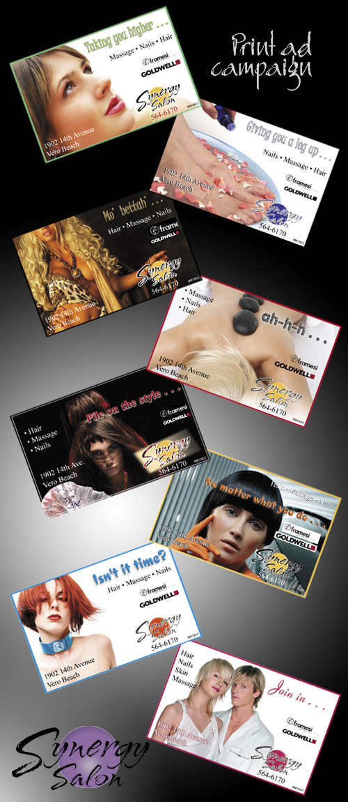 Synergy Salon 4/C print ads . . .